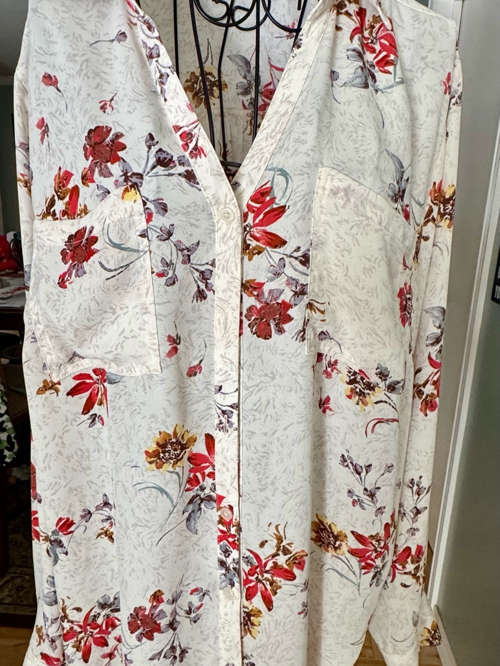 Maurices White Floral Button-Down Shirt with Red & Gold Blooms